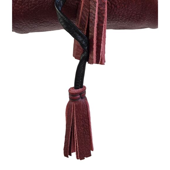 Red Pebble Leather Bucket Crossbody Bag Black Strap & Tassels Drawstring Boho - Picture 9 of 12
